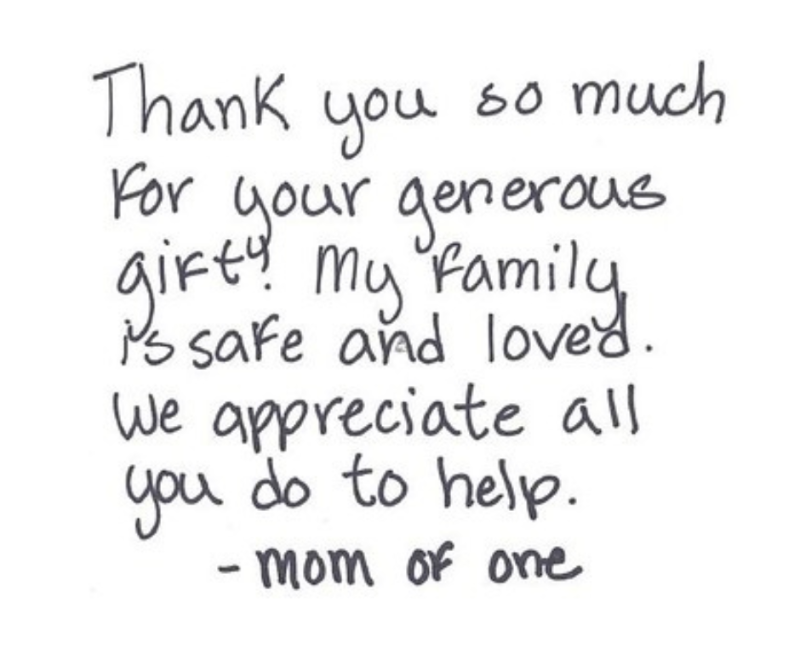 Thank you note from mom of one